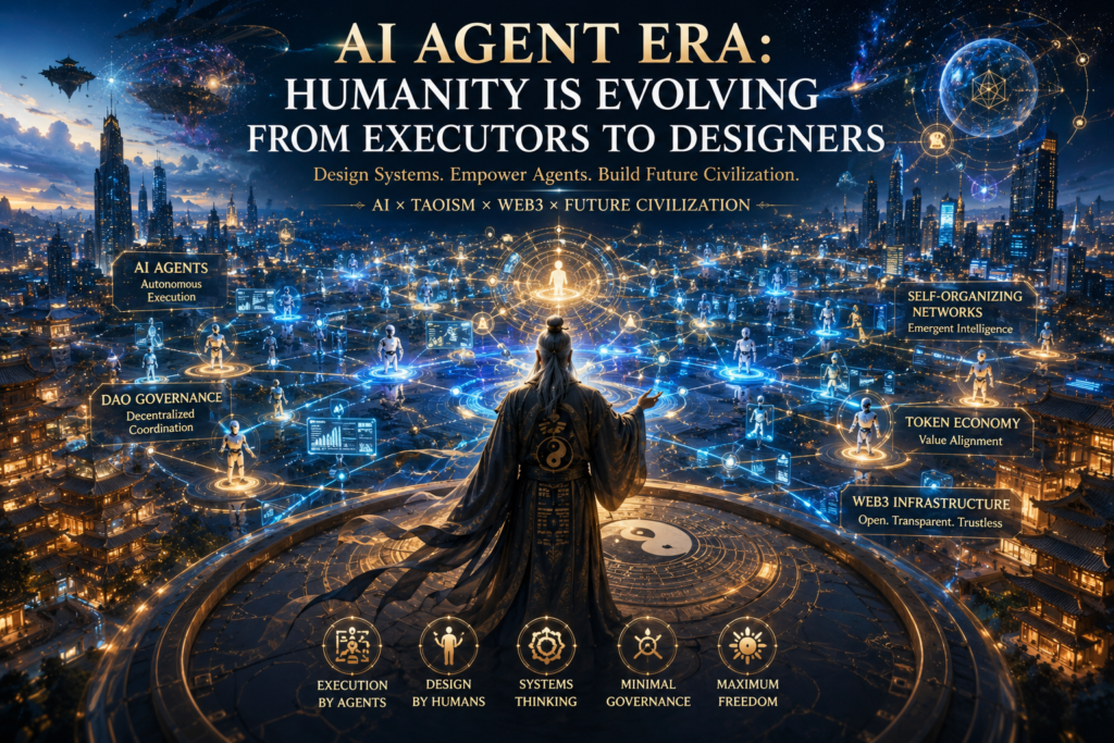 Humanity evolving from executors to system designers in the AI Agent era, autonomous AI agents operating within a decentralized future civilization network inspired by Taoist systems thinking.