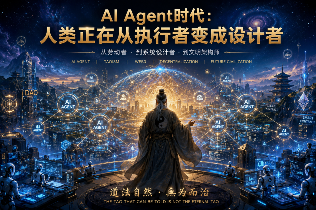 Humanity evolving from executors to system designers in the AI Agent era, autonomous AI agents operating within a decentralized future civilization network inspired by Tao Te Ching systems philosophy, Web3 governance, and self-organizing intelligence.