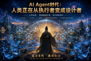 Humanity evolving from executors to system designers in the AI Agent era, autonomous AI agents operating within a decentralized future civilization network inspired by Tao Te Ching systems philosophy, Web3 governance, and self-organizing intelligence.