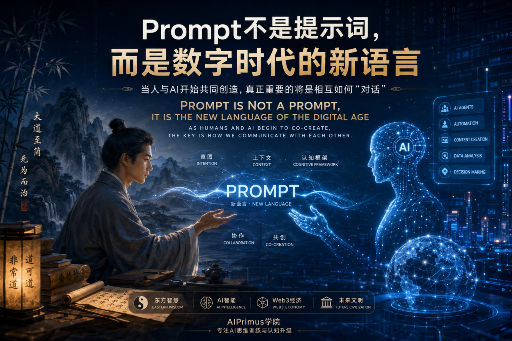 An Eastern philosopher communicating with an AI through Prompt, symbolizing Prompt as the new language of the digital age, integrating artificial intelligence, Taoist philosophy, AI agents, cognitive frameworks, and future civilization.