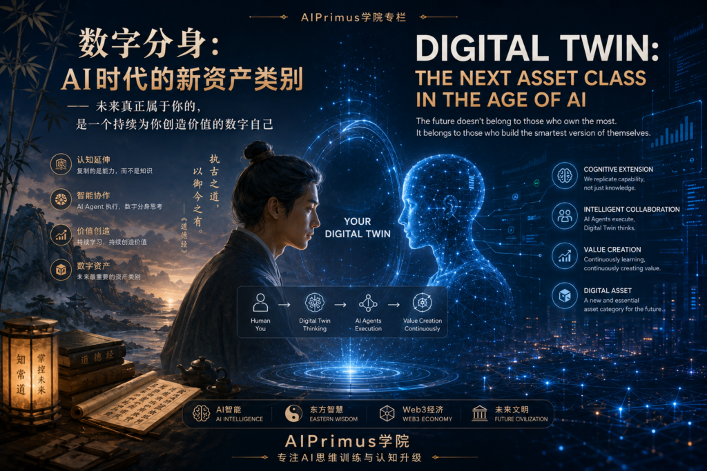 数字分身(Digital Twin)作为AI时代的新资产类别,融合人工智能、AI Agent、自组织系统、道家哲学与未来文明,展示人类认知数字化、智能协作和持续价值创造的新范式。