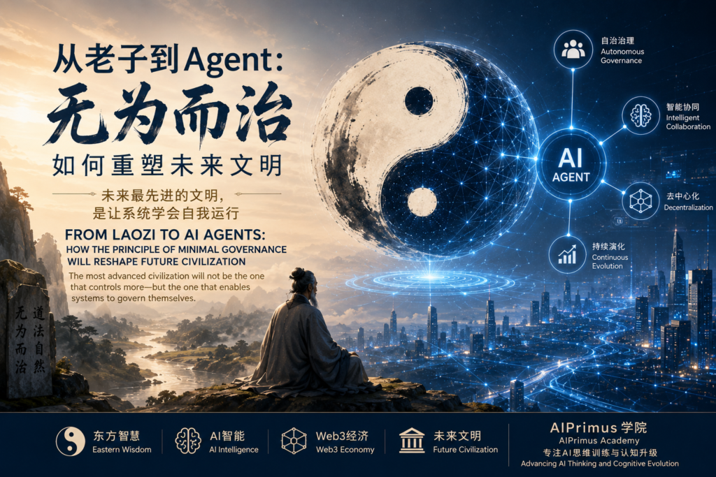 A visionary illustration showing an Eastern philosopher overlooking a decentralized AI Agent network, representing minimal governance, Tao Te Ching philosophy, Web3 infrastructure, autonomous systems, and the future of self-organizing civilization.