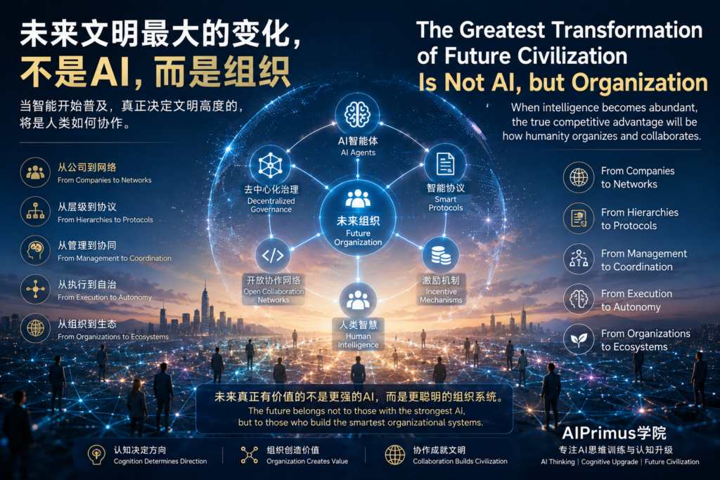 未来文明中的新型组织系统，人类与 AI Agent、自组织网络、Web3 协议和智能治理共同协作，展示 AI 时代组织形态如何从层级管理走向去中心化协同。