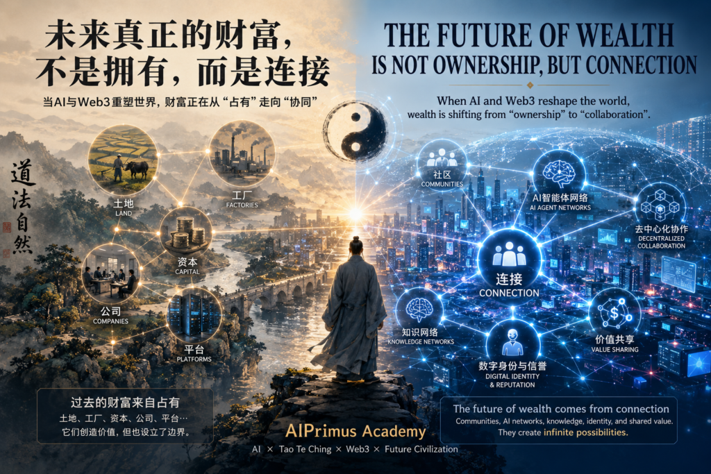 未来文明主题插画，东方思想家站立于传统文明与未来数字文明交汇点，展示财富从土地、资本、平台等“拥有型资产”，演化为AI网络、知识网络、社区协同、数字身份与去中心化协作等“连接型资产”，融合《道德经》、人工智能、Web3、系统哲学与未来文明理念。