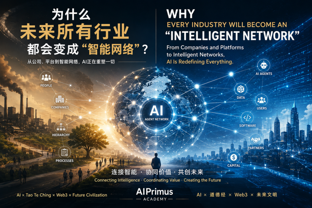 Why every industry will become an intelligent network, showing AI agents, companies, data, users, software and global networks connected through an AI agent network