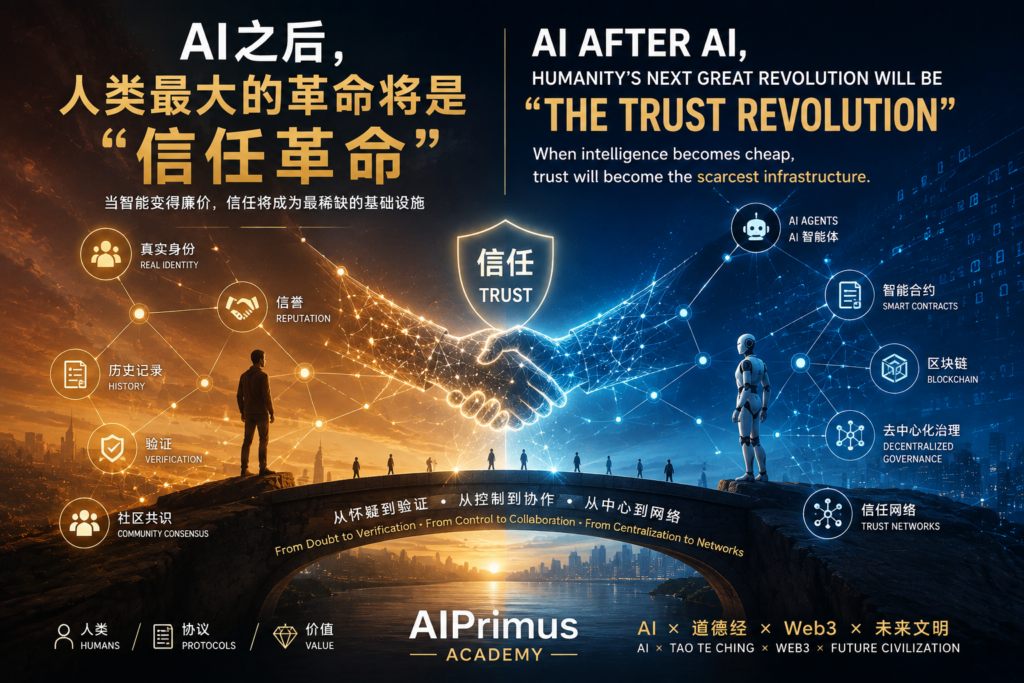 The Trust Revolution after AI, showing AI agents, digital identity, reputation, verification and trust networks in a future intelligent society