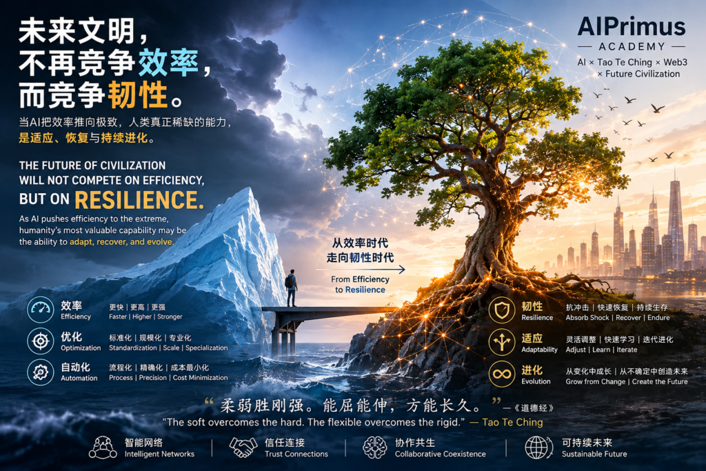 The future of civilization shifting from AI-driven efficiency to resilience, adaptation, and continuous evolution